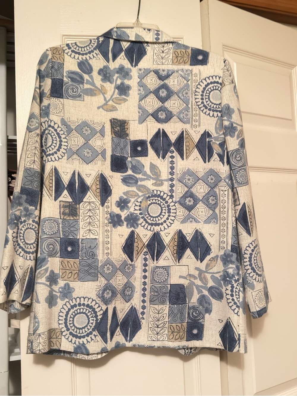 Blue & Cream Geometric-Print Open Blazer